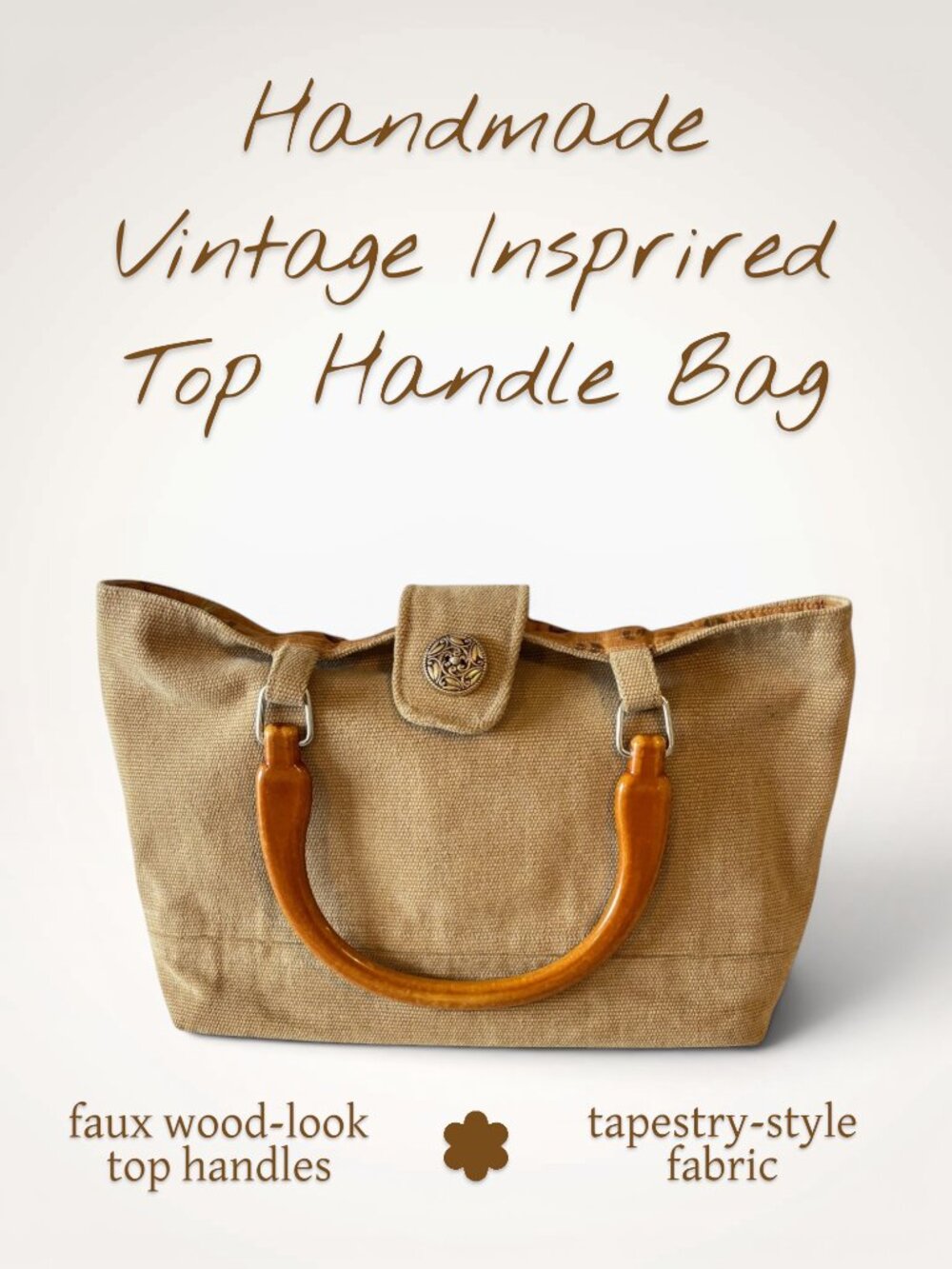 Handmade Artisan-Style Tan Upholstery Fabric Handbag with Floral Lining